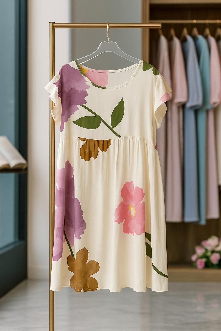 Floral dress on a hanger with a blurred background of other dresses.