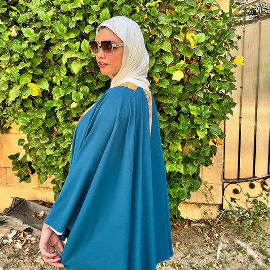 Teal Embroidered Poncho with Indian Detailing