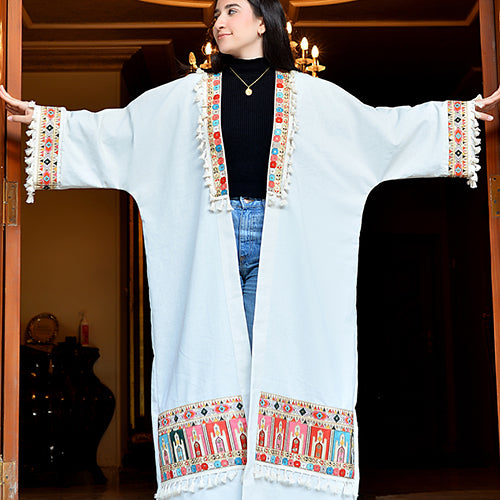 Embroidered Linen Abaya with Indian Trim