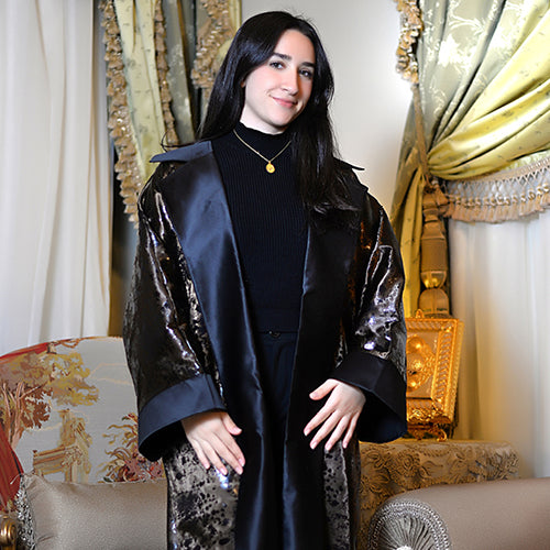Satin Printed Abaya with Faux Leather Texture & Wide Collar