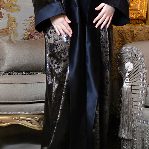 Satin Printed Abaya with Faux Leather Texture & Wide Collar