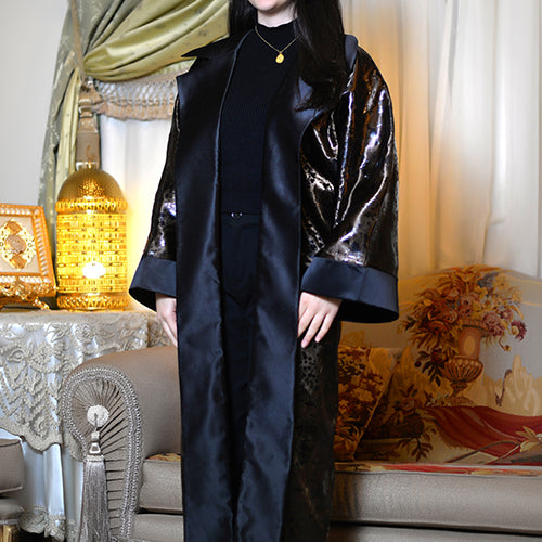 Satin Printed Abaya with Faux Leather Texture & Wide Collar
