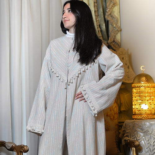 Embroidered Linen Abaya with Rose & Light Blue Accents