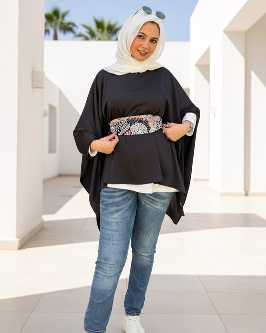 Black Poncho with Indian Silk Belt