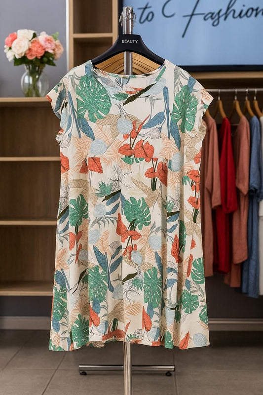 Floral dress on a hanger in a clothing store setting