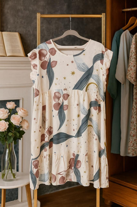 Floral dress on a hanger with a book and flowers in the background