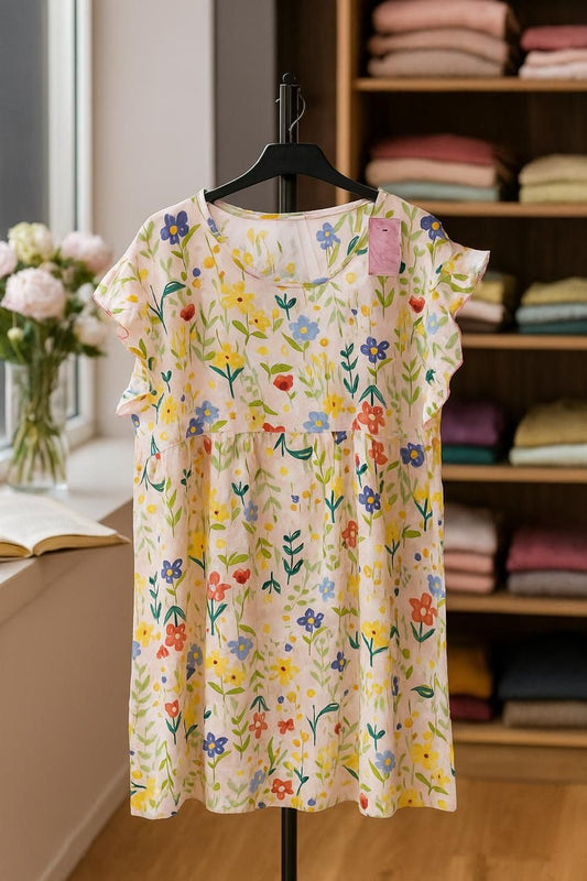 Floral dress on a hanger with a bookshelf in the background