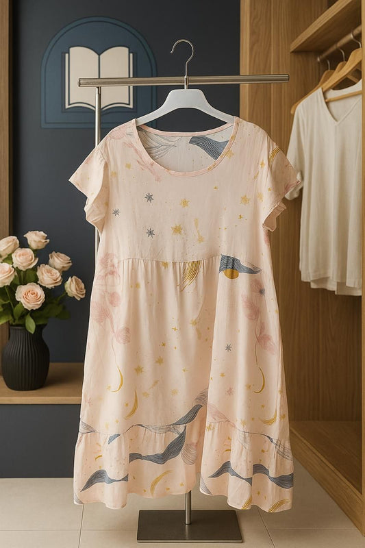 Beige dress with floral and bird patterns on a stand in a room with wooden shelves and flowers.