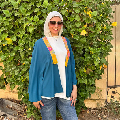Teal Embroidered Poncho with Indian Detailing