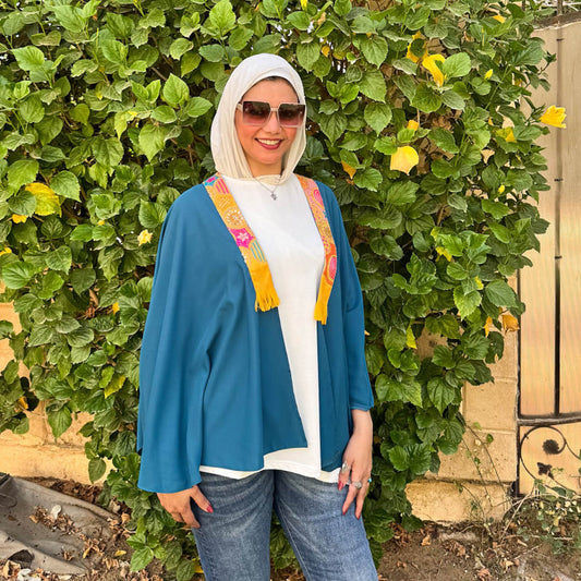 Teal Embroidered Poncho with Indian Detailing