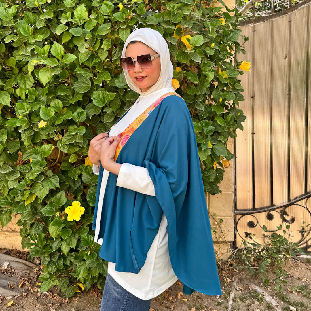 Teal Embroidered Poncho with Indian Detailing