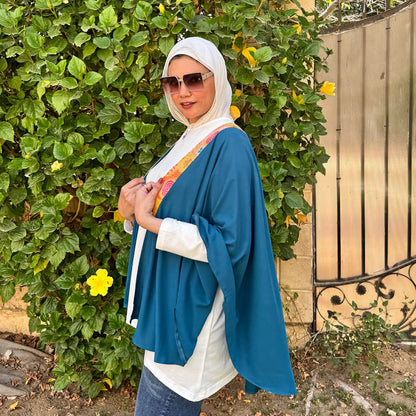Teal Embroidered Poncho with Indian Detailing