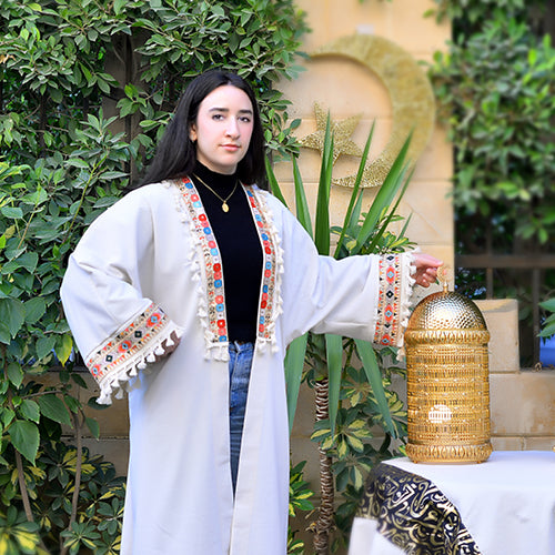 Embroidered Linen Abaya with Indian Trim