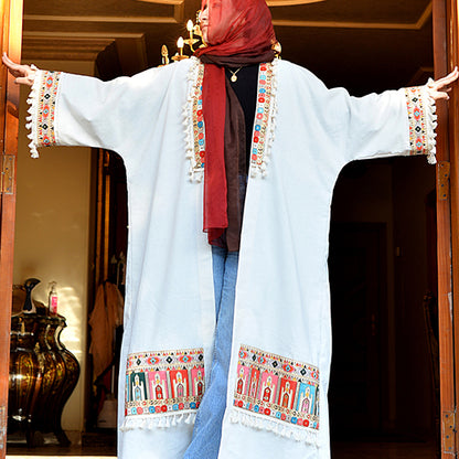 Embroidered Linen Abaya with Indian Trim