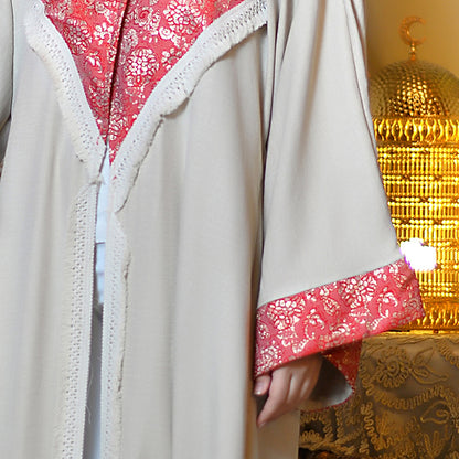 Beige French Linen Abaya with Indian Embroidery