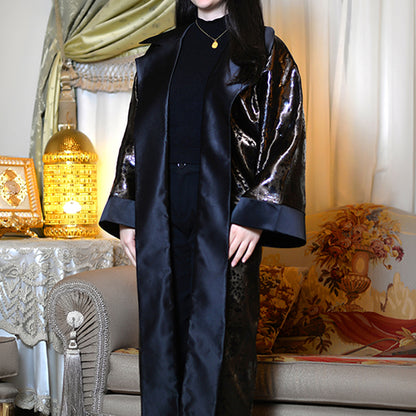 Satin Printed Abaya with Faux Leather Texture & Wide Collar