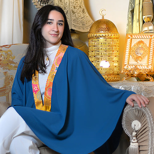 Teal Poncho with Indian Embroidered Fabric