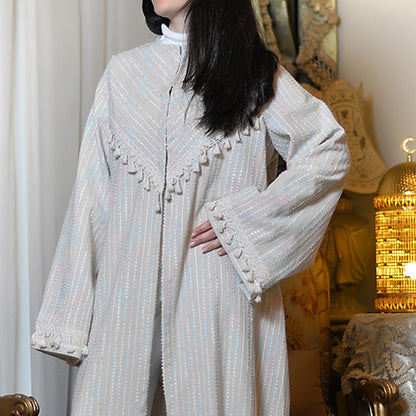 Embroidered Linen Abaya with Rose & Light Blue Accents