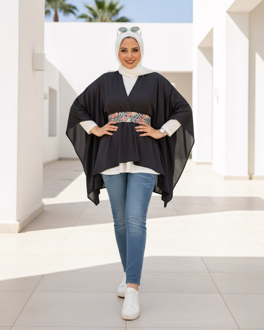 Black Poncho with Indian Silk Belt