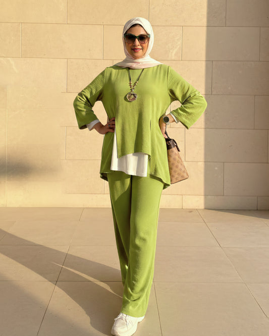 2-Pieces Suit – Kiwi Green – French Linen + Japanese Cotton Undershirt